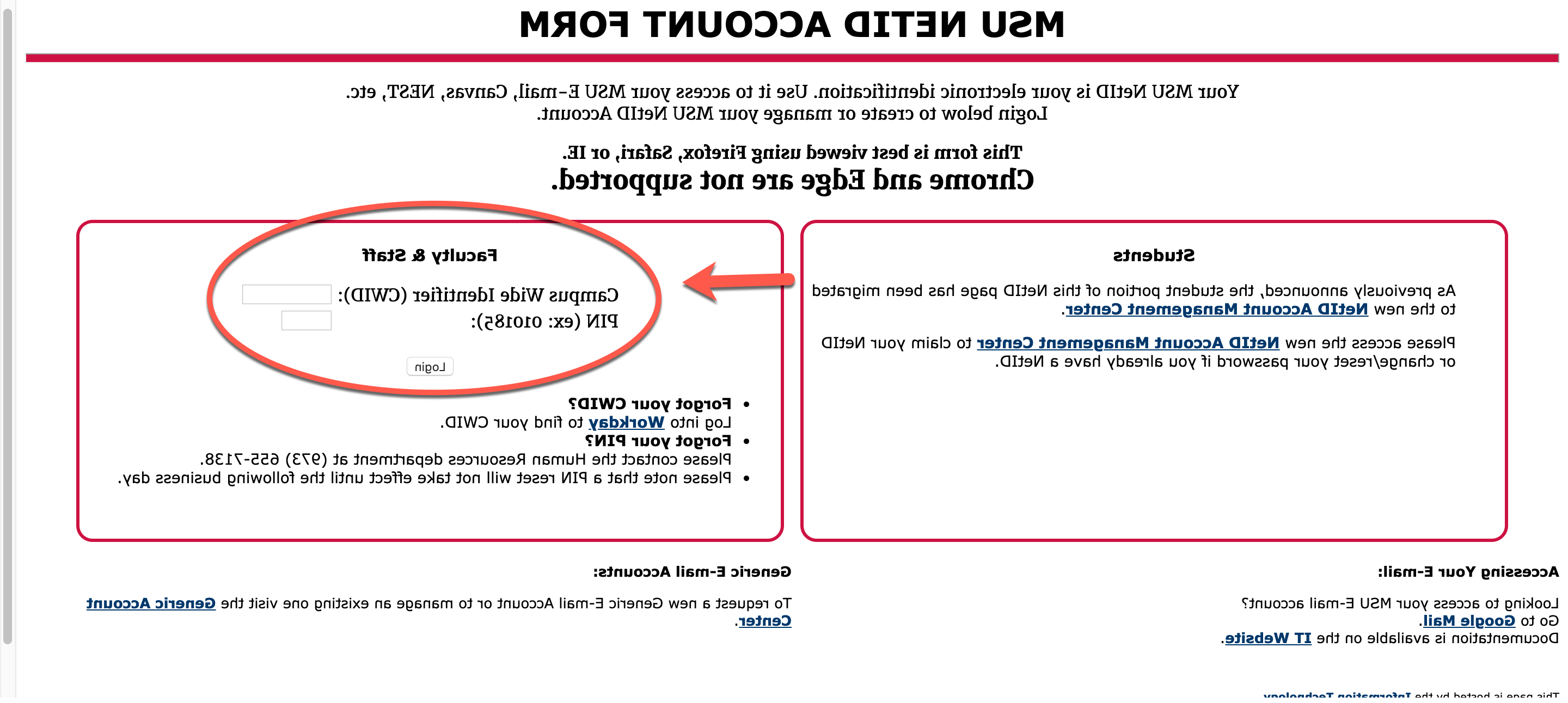 Netid form screenshot with faculty and staff highlighted